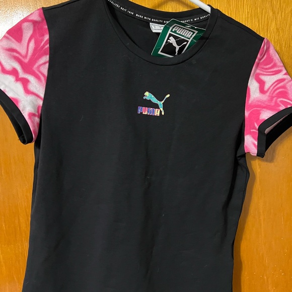NWT PUMA FITTED SHORT SLEEVE MARBLE TEE BLACK & PINK - Picture 3 of 5